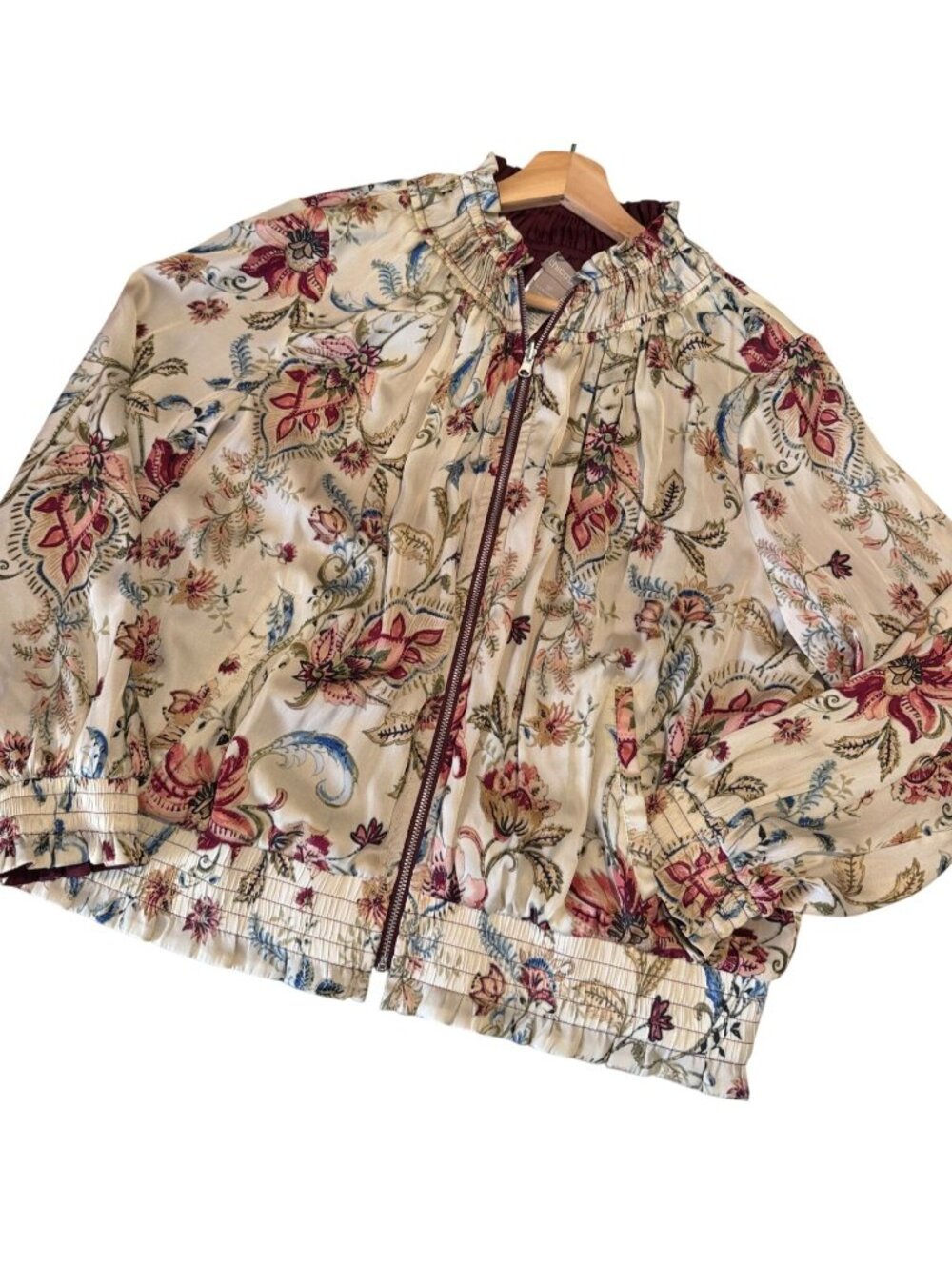 Chico's Floral Burgandy Satin Reversible Full Zip Bomber Jacket Size Medium Peti